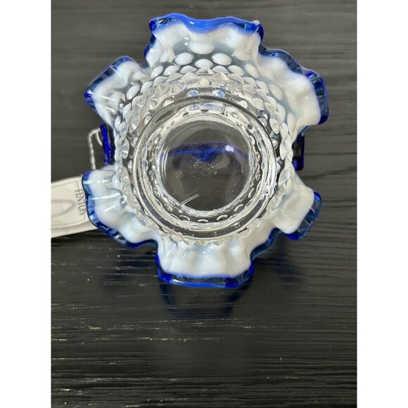 VTG Fenton Blue Opalescent Hobnail Glass Basket with Ruffled Edge New Old Stock - Picture 8 of 11